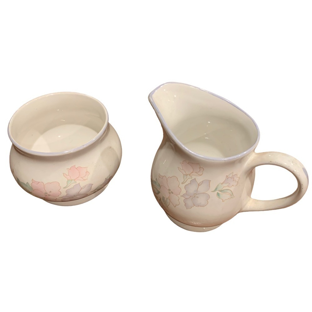 Sadler Romance Cream Pitcher and Sugar Bowl Ironstone Pink Purple Flowers Blue